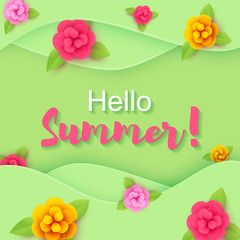 Colorful Spring / Summer banner with flowers on green background. Hello spring. Place for text