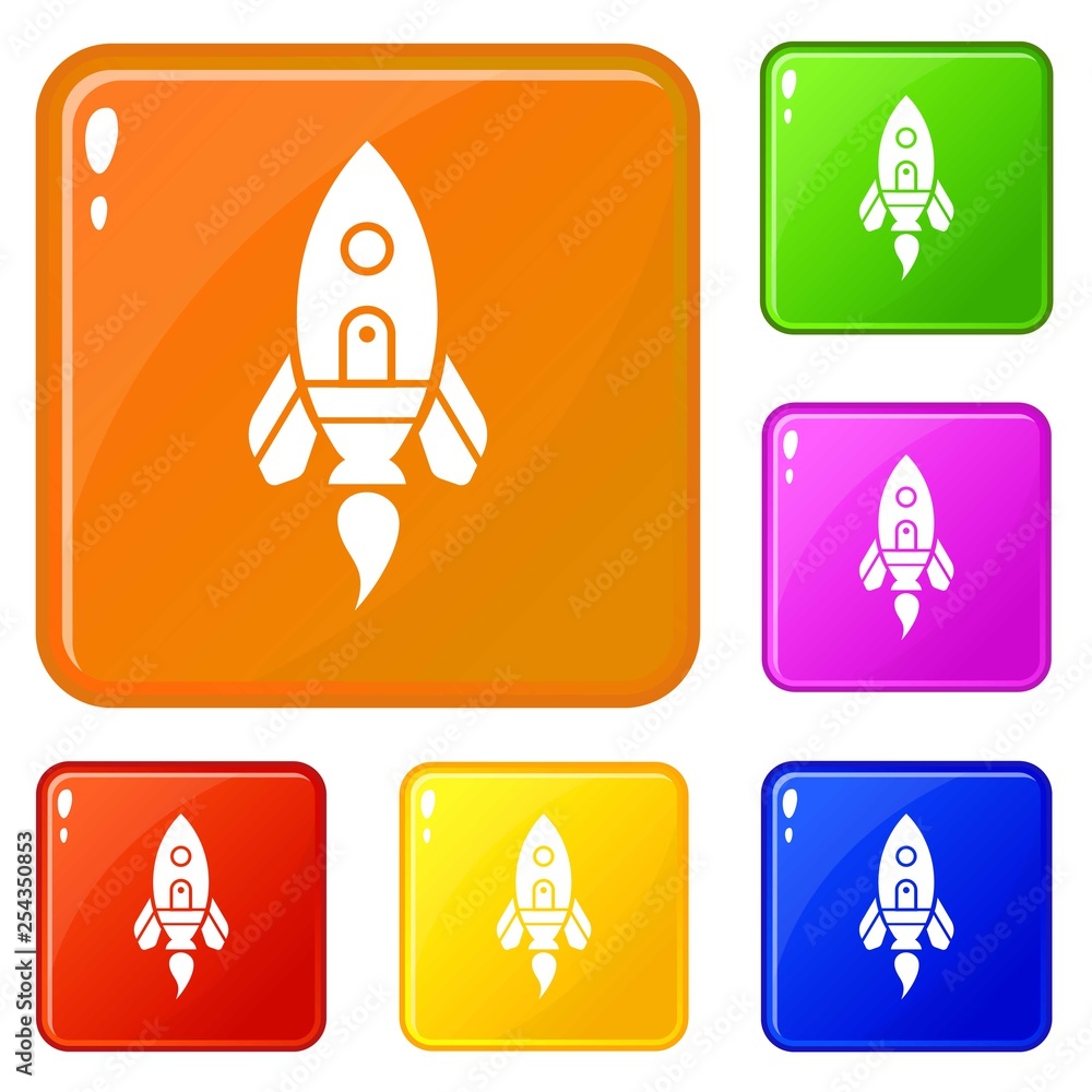 Poster rocket spaceship icons set collection vector 6 color isolated on white background
