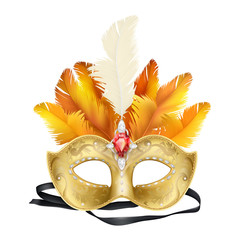 Half-face colombina mask decorated with precious stones, red ruby and colored feathers 3d realistic vector icon isolated on white background. Venetian carnival, costumed party dressing illustration © vectorpocket