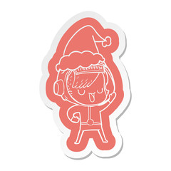 cartoon  sticker of a astronaut woman wearing santa hat