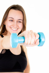 Woman workout with dumbbell isolated on white background