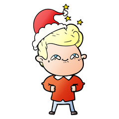 gradient cartoon of a excited man wearing santa hat