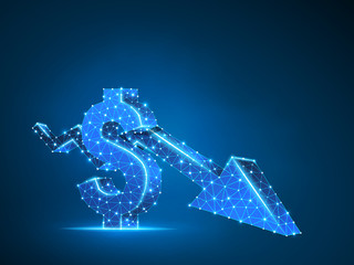 Downtrend arrow chart. Business Technological polygonal USD dollar Raster neon illustration. Low poly success, data cash, finance concept. Connection wireframe mesh structure on blue background in RGB