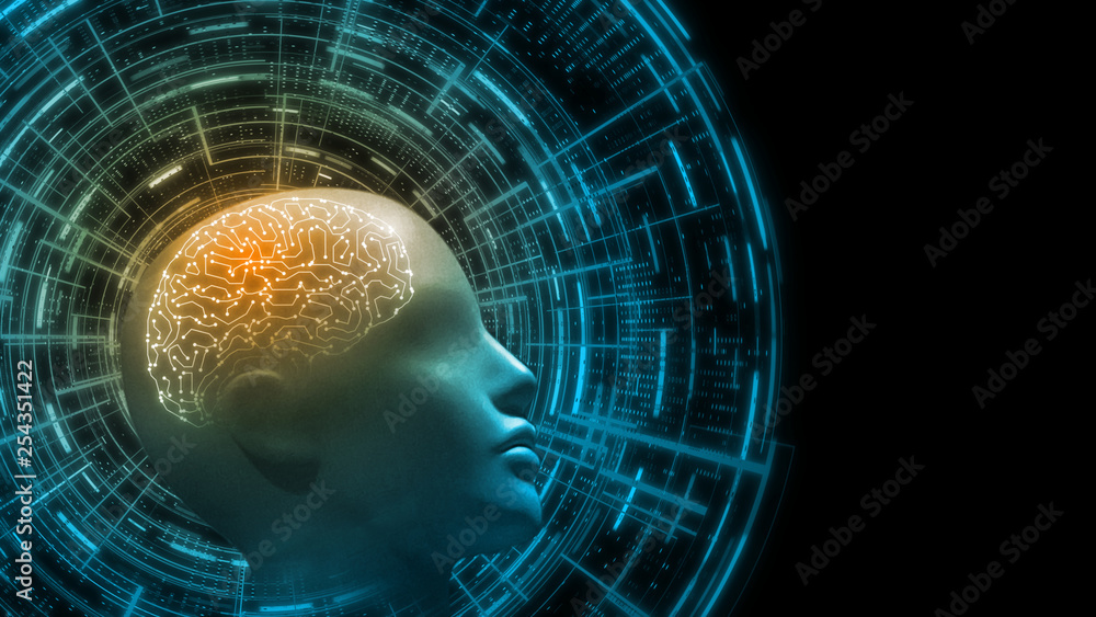 Poster 3d rendering of cybernetic brain inside bio human cyborg's head with futuristic technology hud inter