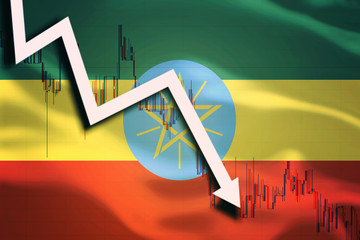 White arrow and stocks chart fall down on the background of the waving flag of Ethiopia