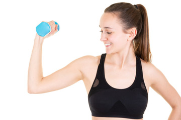 beautiful girl doing fitness exercise with weight dumbbell