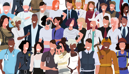 mix race people crowd different occupation standing together male female workers cartoon characters portrait horizontal banner flat