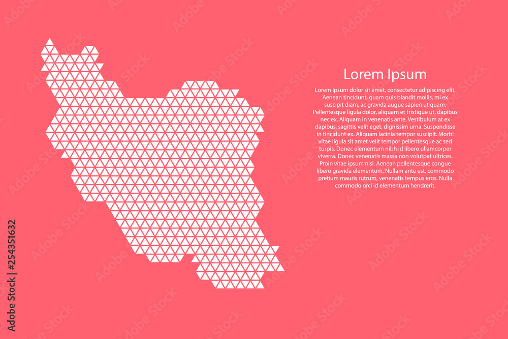 Poster iran map abstract schematic from white triangles repeating pattern geometric on pink coral color bac