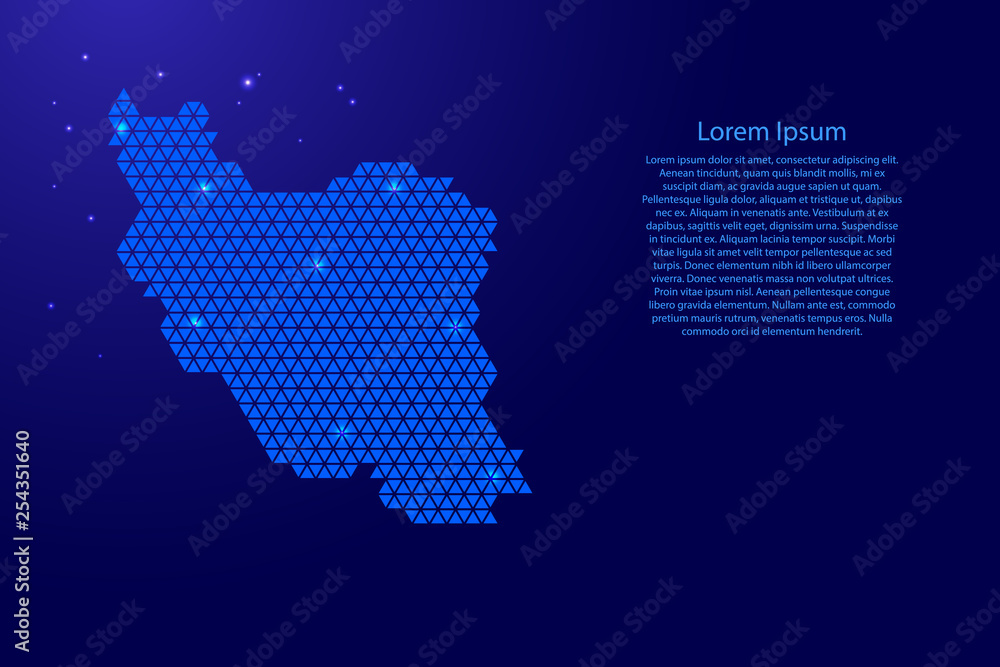 Poster iran map abstract schematic from blue triangles repeating pattern geometric background with nodes an