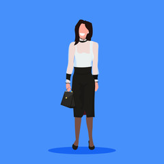 attractive businesswoman holding handbag standing pose smiling brunette business woman office worker female cartoon character full length flat blue background