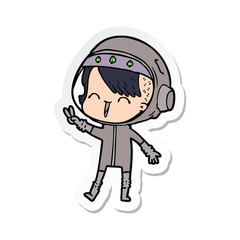 sticker of a happy cartoon space girl giving peace sign