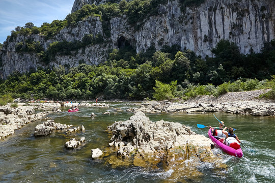 Kayaking is active lifestyle. Rocky mountain river. Sunny day in the Ardeche Gorge, South France, Europe