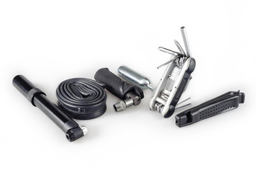 Bicycle emergency kit. Hand pump, inner tube, CO2 air pump, multi-function tool and tyre lever