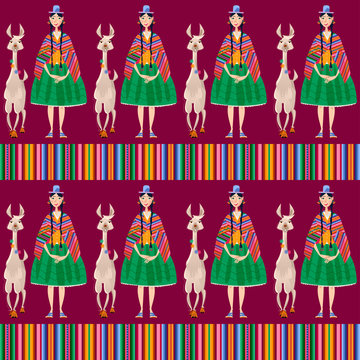 Bolivian woman in traditional clothes and Lama Alpaca. Seamless background pattern.