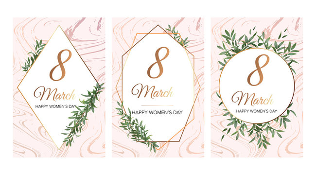 8 March. Happy Mother’s Day. Trendy design template. Luxury set of elegant invitation card, background, cover. Blush pink marble and golden geometric frame. All elements are isolated and editable.