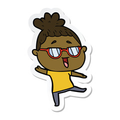 sticker of a cartoon happy woman wearing spectacles