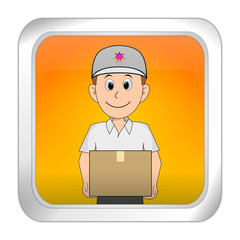 Button with friendly Courier delivering a parcel - 3D illustration