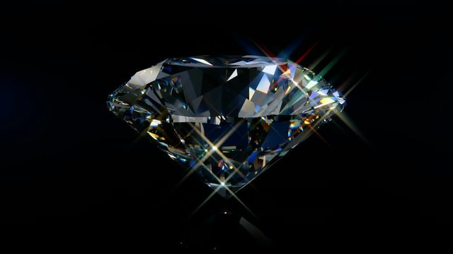 Big round diamond rotating on black glossy background, side view. 3D seamless loop animation