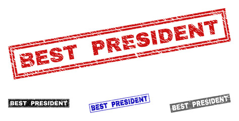 Grunge BEST PRESIDENT rectangle stamp seals isolated on a white background. Rectangular seals with distress texture in red, blue, black and gray colors.