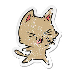 distressed sticker of a cartoon cat hissing