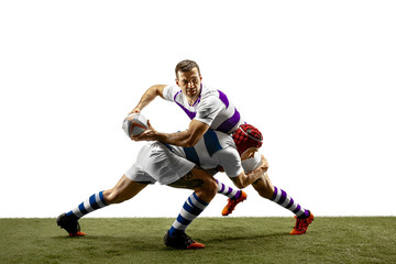 Fototapeta na wymiar The silhouette of two caucasian rugby male players isolated on white background. Studio shot of fit men in motion or movement with ball. Jump and action concept. An incredible strain of all forces.