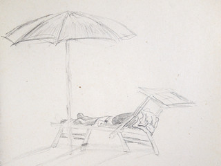 Young man lying on the beach under an umbrella on a sun lounger. Pencil drawing on rough paper