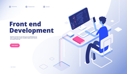 Front end development. Developer programmer person develop computer phone website interface dashboard futuristic landing vector page. Illustration of programmer on computer, developer workplace