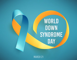 World Down Syndrome day. March 21. Realistic blue yellow ribbon symbol. Template for poster. Vector.