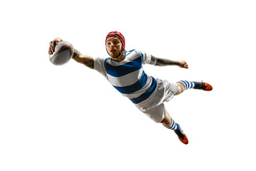 The silhouette of one caucasian rugby male player isolated on white background. Studio shot of fit man in motion or movement with ball. Jump and action concept. An incredible strain of all forces - Powered by Adobe