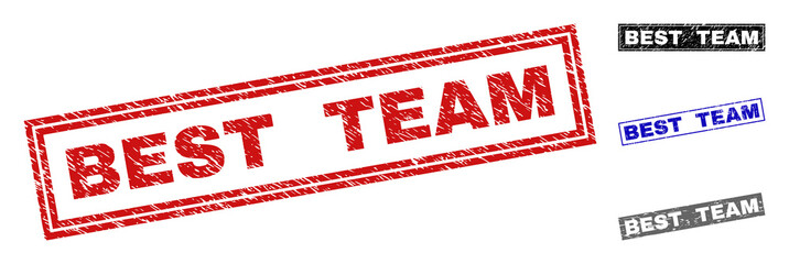 Grunge BEST TEAM rectangle stamp seals isolated on a white background. Rectangular seals with distress texture in red, blue, black and grey colors.