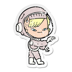 distressed sticker of a cartoon astronaut woman