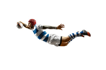The silhouette of one caucasian rugby male player isolated on white background. Studio shot of fit...