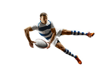 The silhouette of one caucasian rugby male player isolated on white background. Studio shot of fit man in motion or movement with ball. Jump and action concept. An incredible strain of all forces