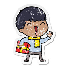 distressed sticker of a cartoon happy man