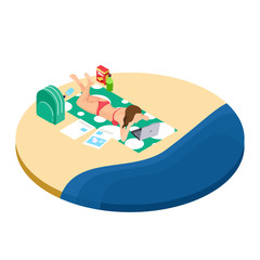 Freelance work on the beach isometric concept - girl with laptop, drinks and documents works in travel. Woman freelancer on beach with laptop illustration