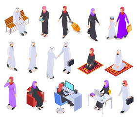 Muslim isometric. Arab 3d people, saudi business woman and man in traditional clothes. Arabian isolated vector characters. Illustration of woman and man, muslim saudi people