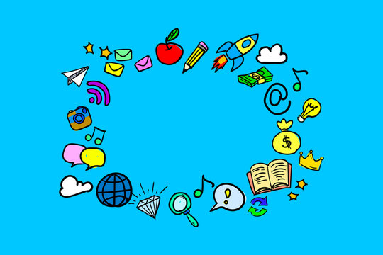 Bright and colorful icons in the style of a hand drawing on a blue background