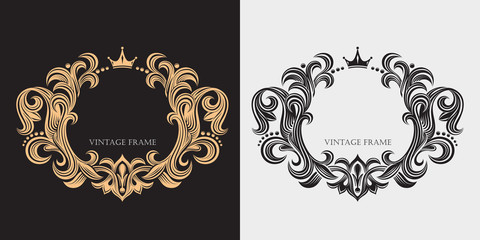 Calligraphic elegant line art logo design. Decorative floral monograms. Luxurious decorative border. Gold graceful frame. The past. Light and dark background. Template for awards,  hotels, cafe.