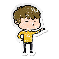 distressed sticker of a cartoon curious boy