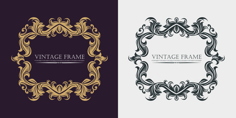 Monogram initials. Decorative floral border. Heraldic symbols. Gold graceful frame. Dark and light background. Vector business sign, identity for hotel, restaurant, jewelry, fashion.