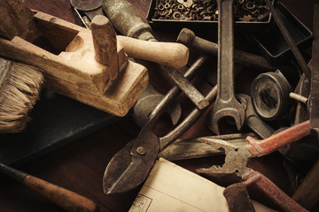 Vintage old tool on the old wooden table. Father's Day Concept