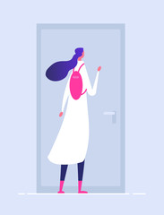 Woman at house door. Female entering building person in doorway girl opening door welcome vector concept. Illustration of woman knocking, at home door