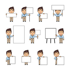 Set of chibi man characters posing with different banners. Funny businessman holding paper, poster, placard, pointing to whiteboard. Teach, advertise, promote. Simple vector illustration