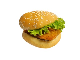 Hamburger with fried chicken isolated on white background, Close up