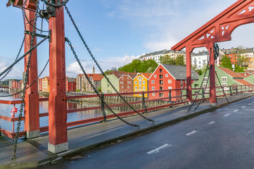 famous downtown with traditional wooden bridge houses in Trondheim, Norway,Scandinavia