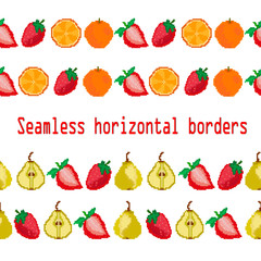 WebFruits and berries.Seamless borders strip of fruits strawberries, pears, orange. Pixel. Vector. Embroidery