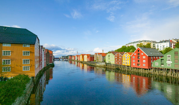 famous downtown with traditional wooden bridge houses in Trondheim, Norway,Scandinavia