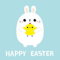 Happy Easter bunny holding chicken. Rabbit baby chick bird friends. Farm animal. Cute cartoon kawaii funny character. Blue pastel background. Flat design