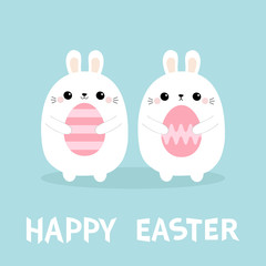 Happy Easter. Rabbit bunny family set holding painting egg. Farm animal. Cute cartoon kawaii funny baby character. Blue pastel background. Flat design