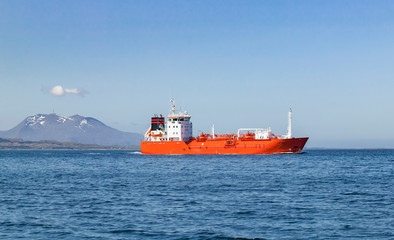 liqid gas container ship in the fairway of northern Norway, approaching Bergen
